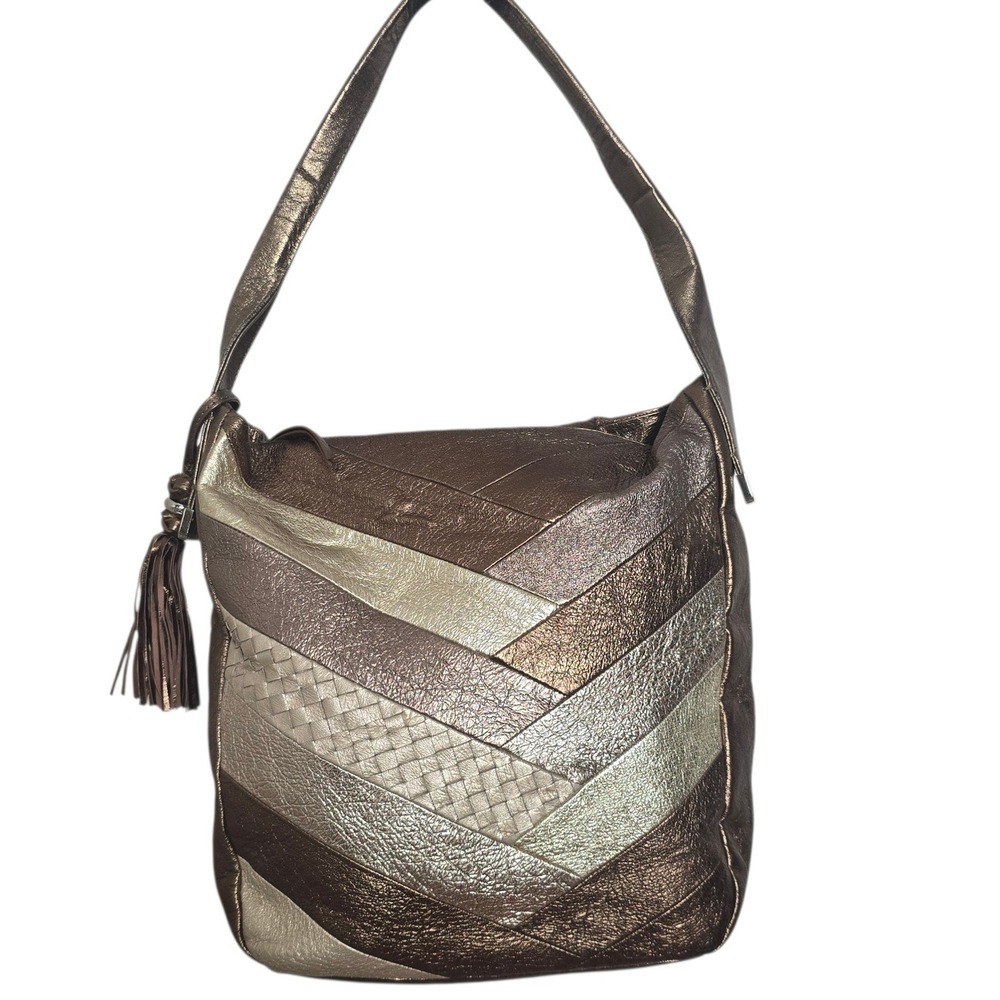 Elliott Lucca Bronze Multi-Metallic Patchwork Leather Hobo Tassel Bag Boho